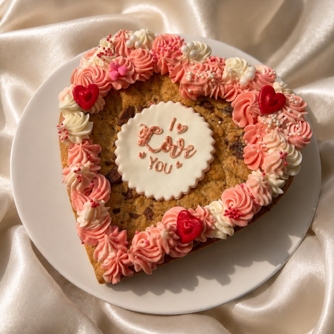 Heart-shaped cookie cake piped with I Love You