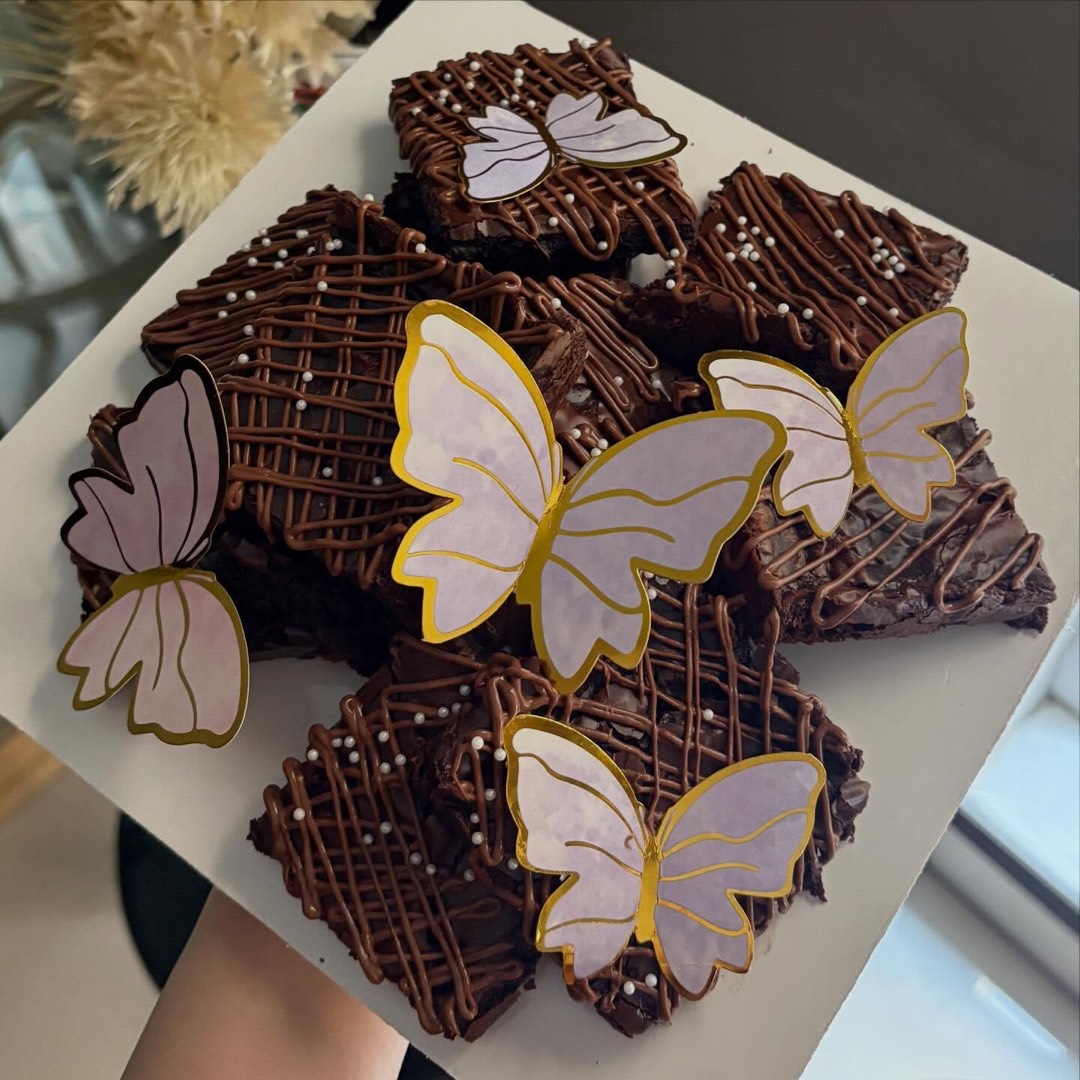 Brownies decorated with chocolate butterflies
